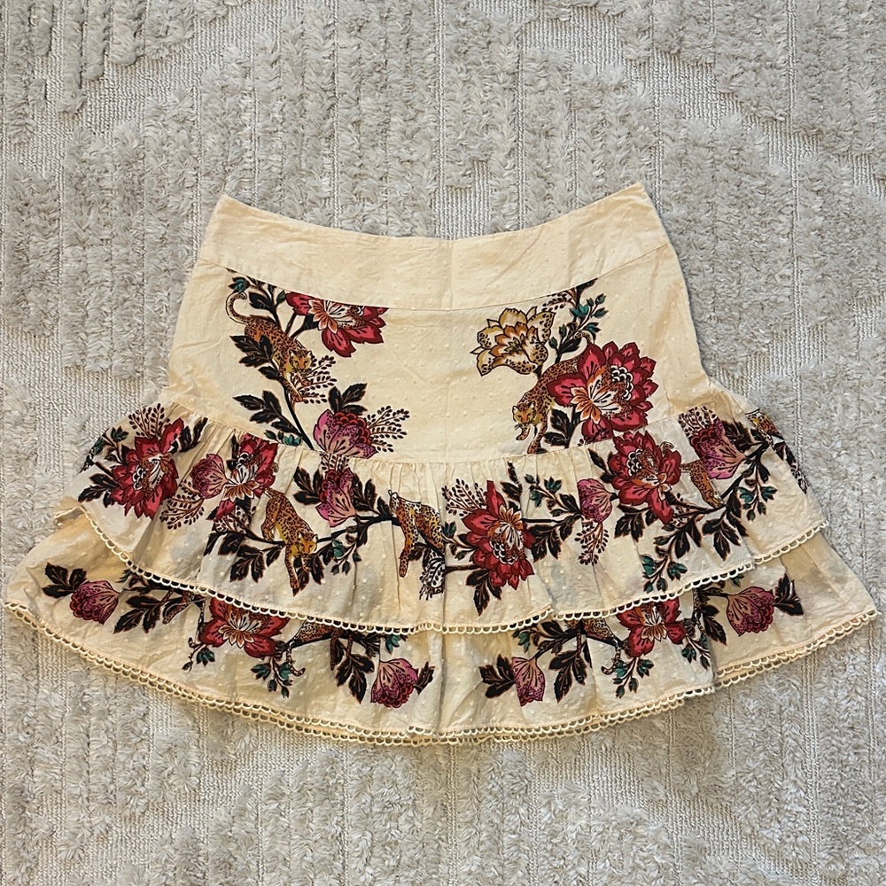 FARM Rio Cream Mini Skirt with Red Floral Design